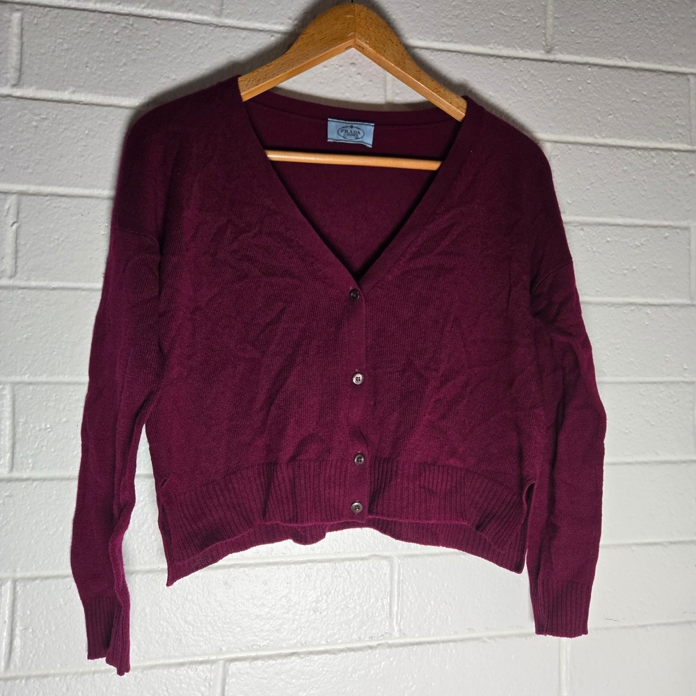Prada Womens Cardigan Sweater Burgundy Wool Silk Knit Button Minimalist Luxe S